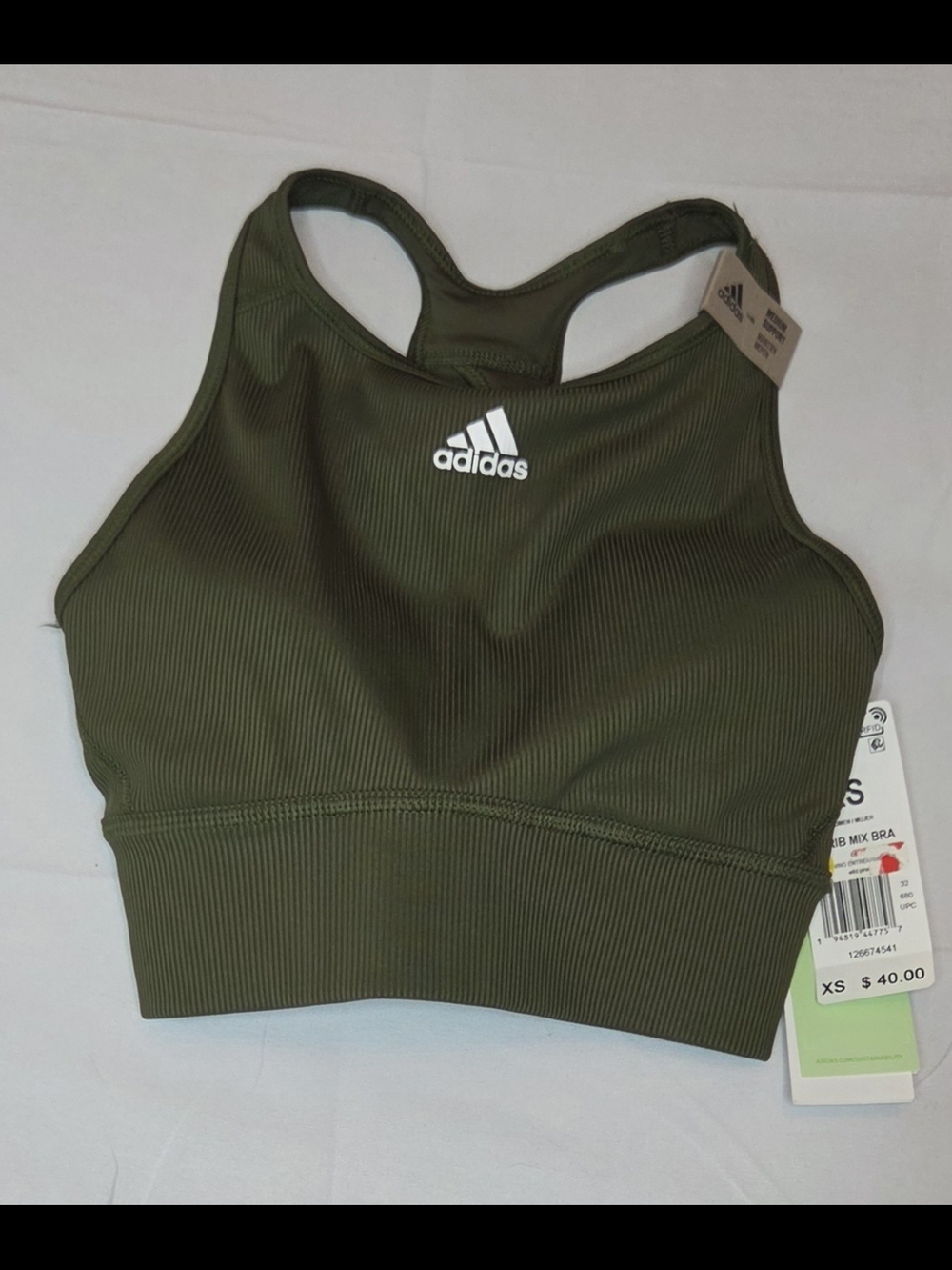 NWT Adidas Ribbed Medium Support Sports Bra Olive Green XS